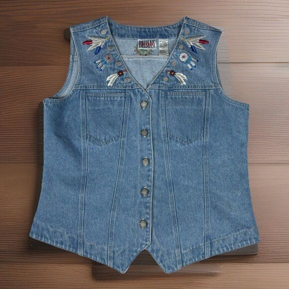 VTG Women L Embroidered Native Denim Vest Sleeveless 80s Western Boho Hippie USA - Picture 2 of 11